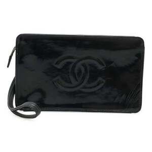 CHANEL Black Leather Logo Clutch Bag